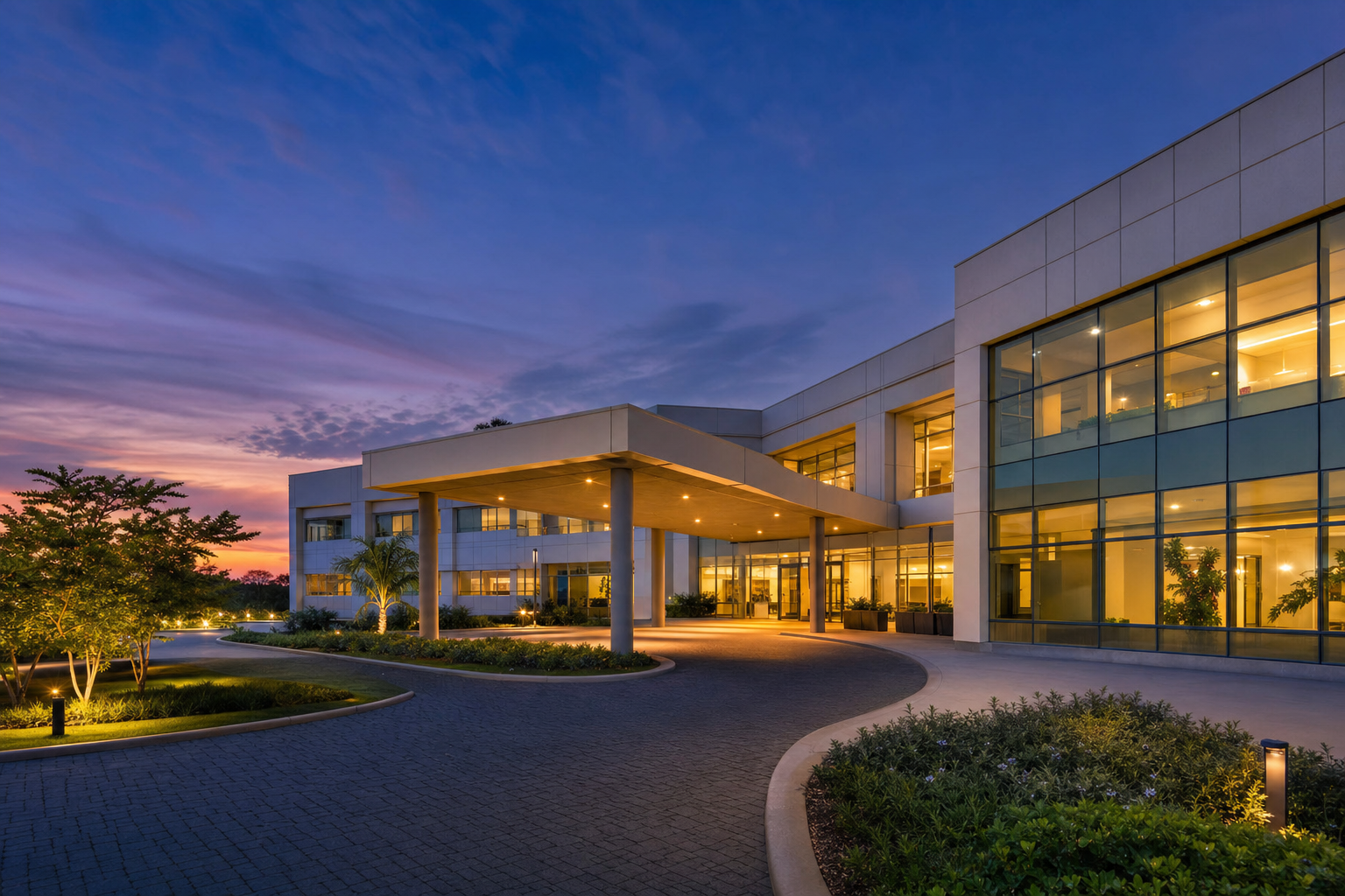 Modern East African private hospital exterior at dusk