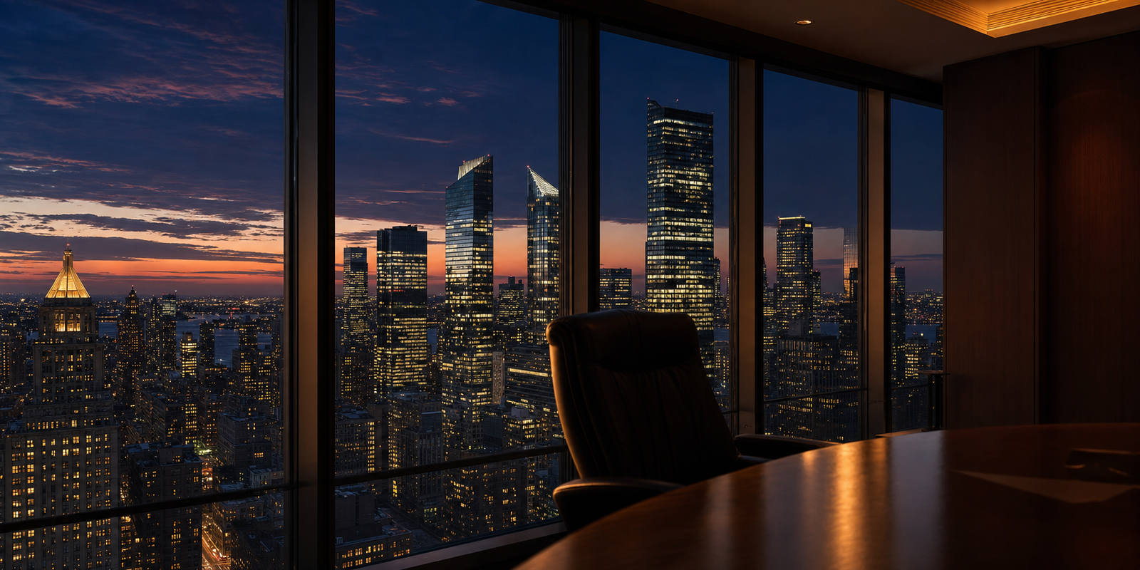 Corner office at dusk overlooking a financial-district skyline